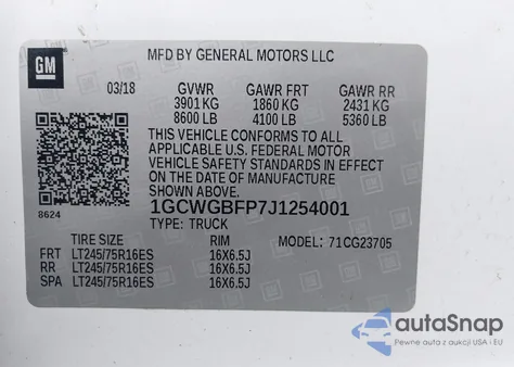 2018 Chevrolet Express 2500 Work Van z USA, uszkodzony, nr VIN 1GCWGBFP7J1254001